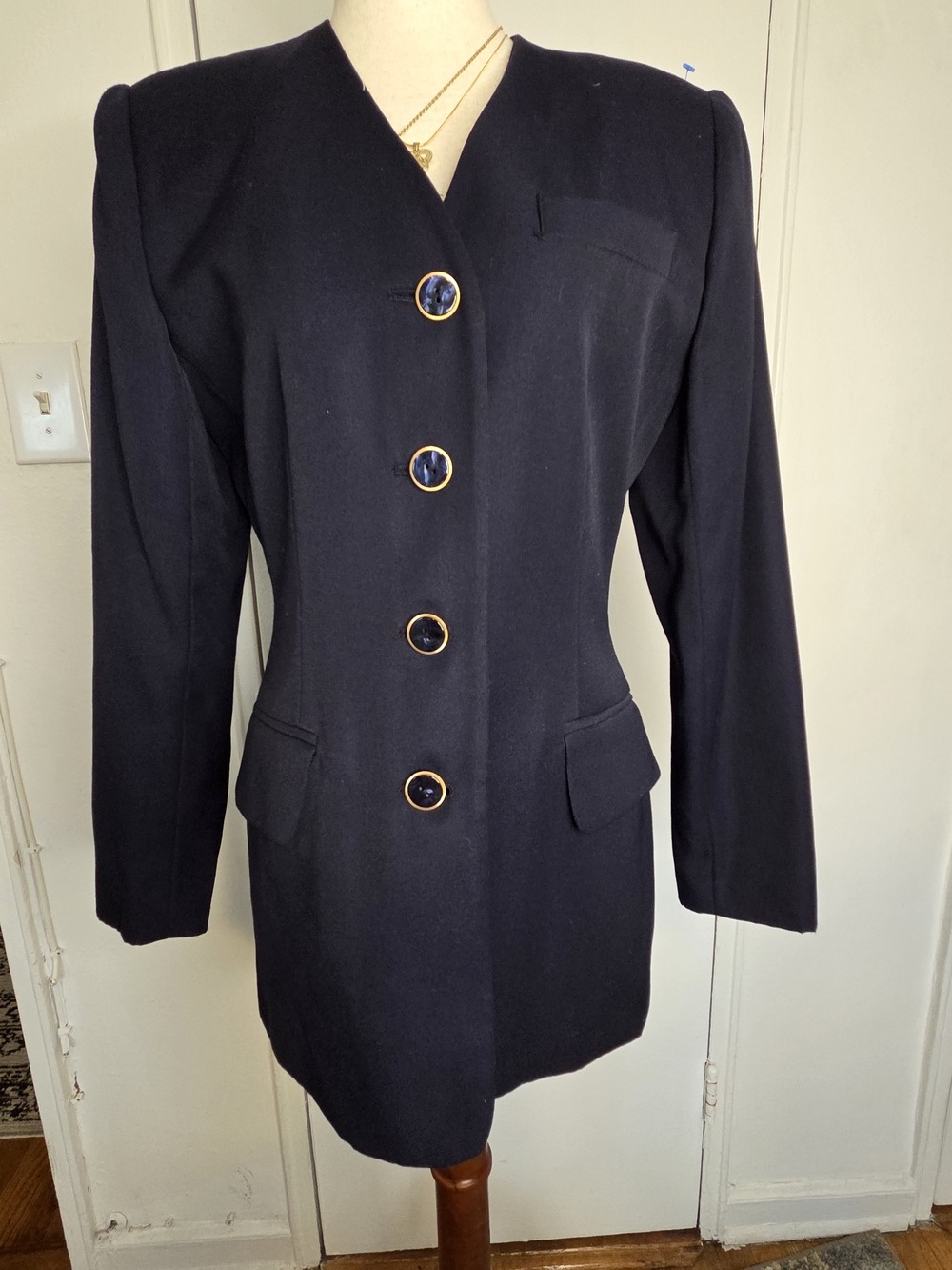 Classic Navy Long Blazer with Gold-Trim Buttons